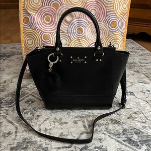 kate spade Black Leather Satchel with Pom-Pom Charm and Crossbody Strap